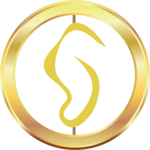 Goldfarbenes Symbol in Kreisform mit stilisiertem Ohr als grafisches Logo.